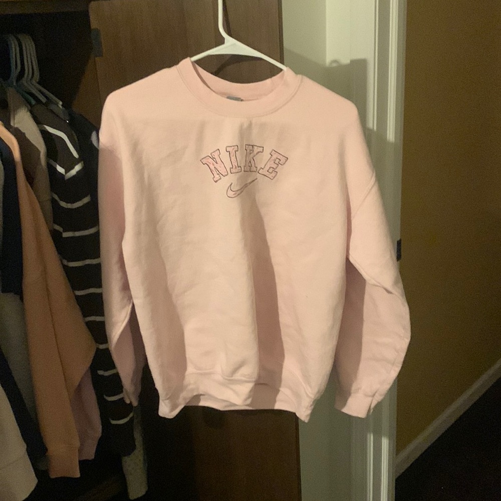 Light Pink, Gildan Crewneck, embroidered in pink cow print “Nike”